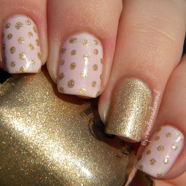 Gold Glitter and Pink Polka Dot Nails. 
