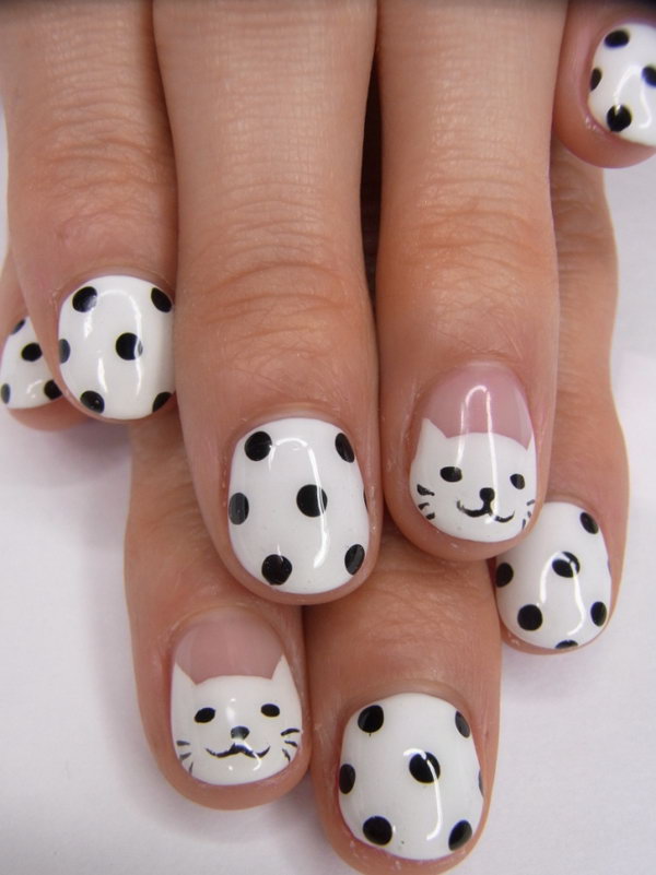 Black and White Polka Dot Nails with Smiley Cute Kitties. 