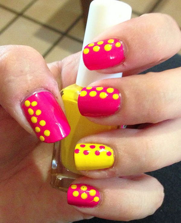 Pink and Yellow Polka Dot Nail Art Designs. 
