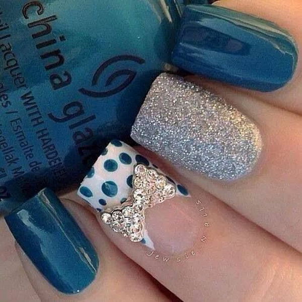 Teal and Silver with Bow and Polka Dots Nail Design. 