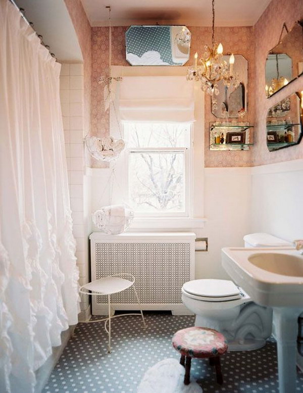 Shabby Chic Bathroom With Beautiful Shower Curtain And Mirrors 