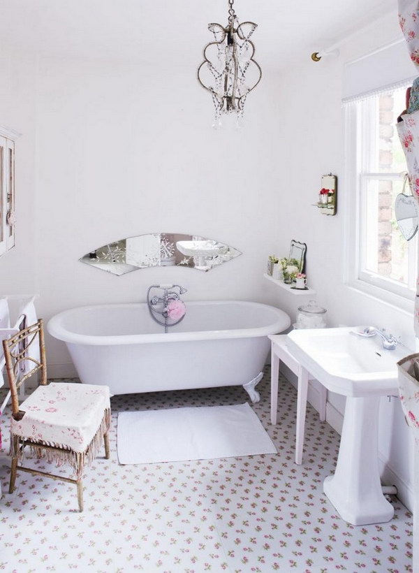 Clean White  Shabby Chic Bathroom With Flower Tiles 