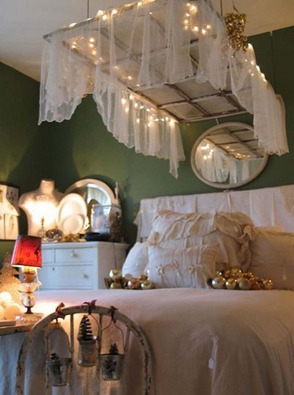 Getting Shabby Chic by Hanging the Warm Wooden Door over the Bed Draped with Lace. 