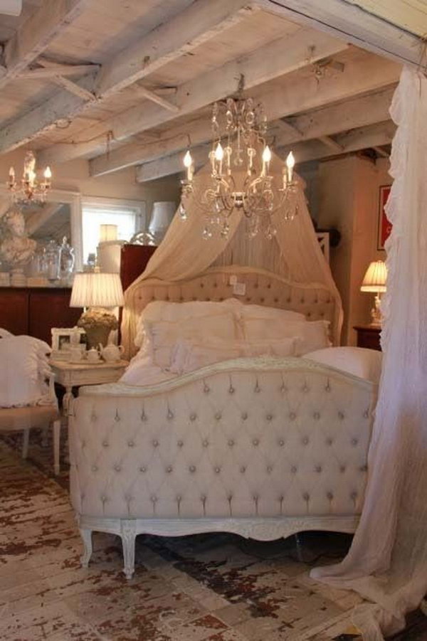 Shabby chic Bed with a Chandelier. 