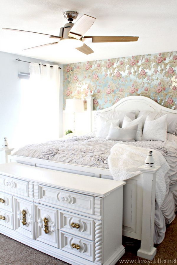 Full Patterned Chic Shabby Look from the Floral Wallpaper to the Bedding. 