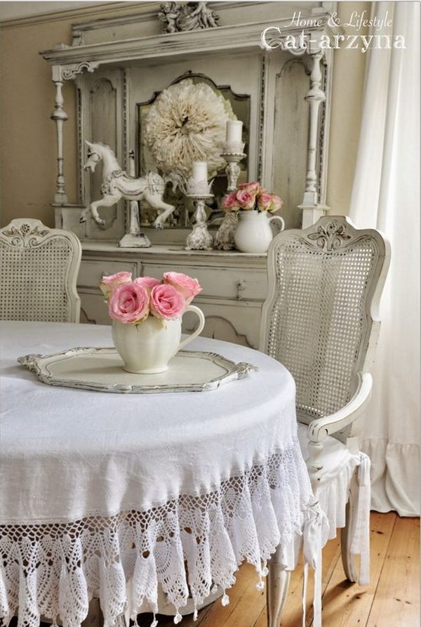 Shabby Chic Dining Room with Pretty Tablecloth. 