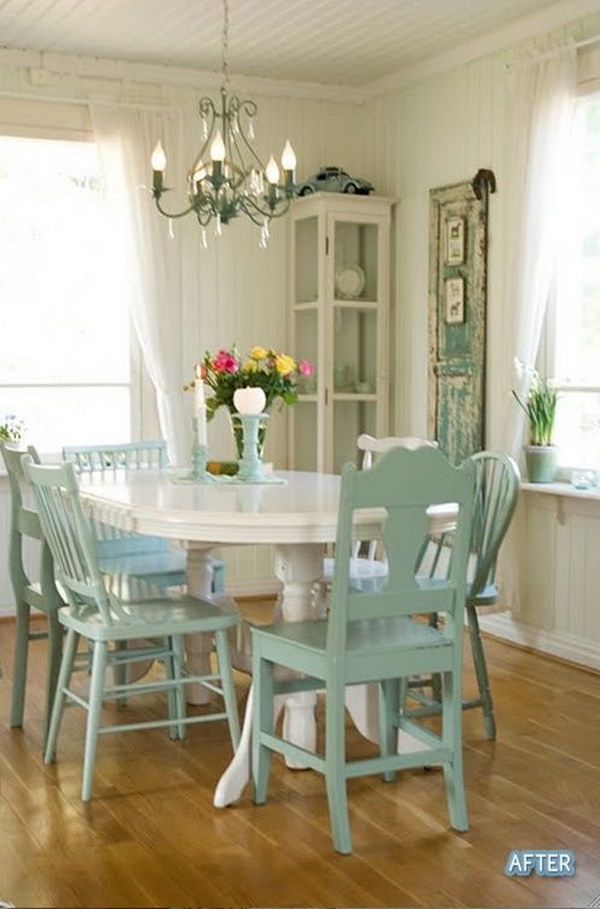Inviting Shabby Chic Dining Room In White And Green. 
