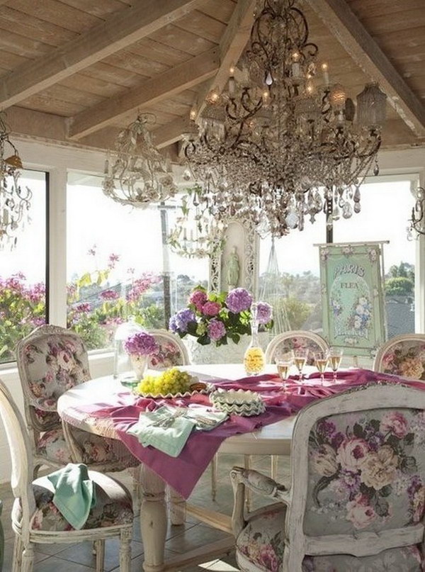 Romantic Shabby Chic Dining Area with Gorgeous Chandeliers 