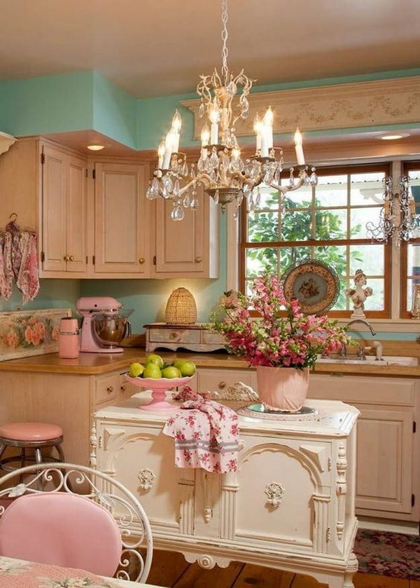 Vintage Shabby Chic Kitchen in Cream and Pastel Colors. 