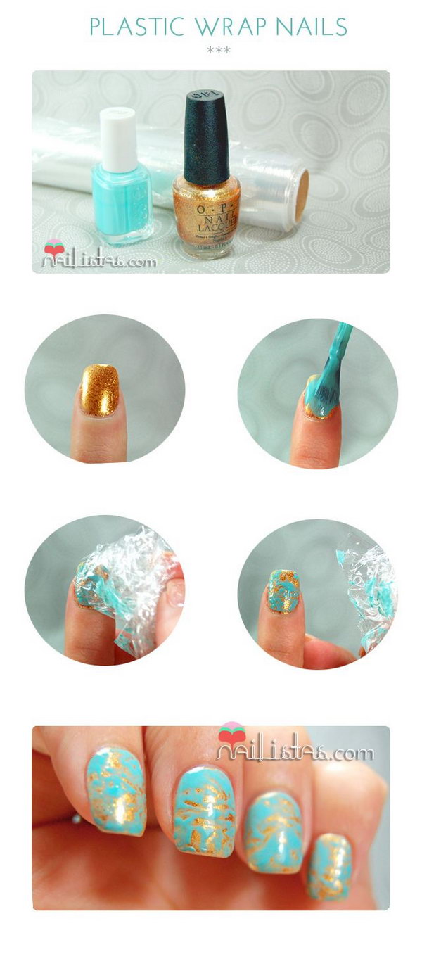 DIY Plastic Wrap Nail Art. This is such a easy and fun mani! Must try. 