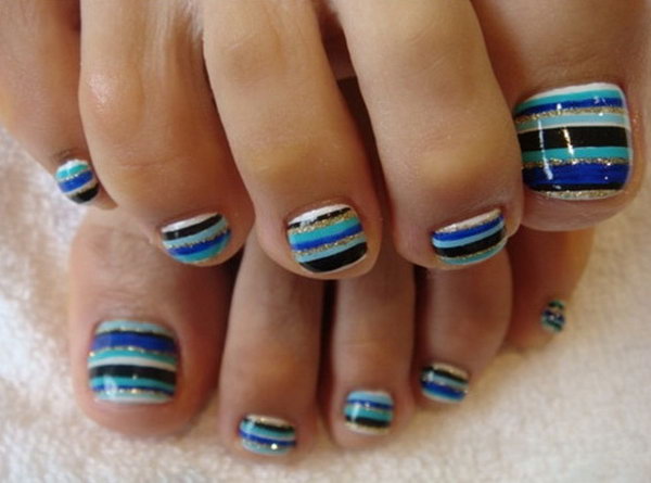 Multi colored Stripes Toe Nail Art. 