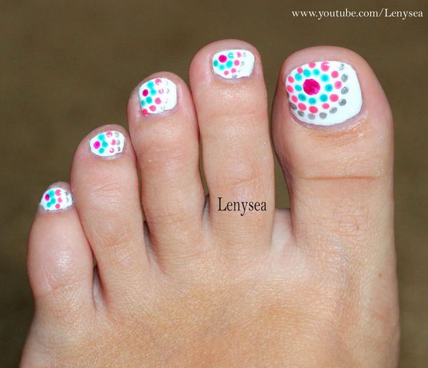 Pink, Blue and Silver Polka Dots Toe Nails. 
