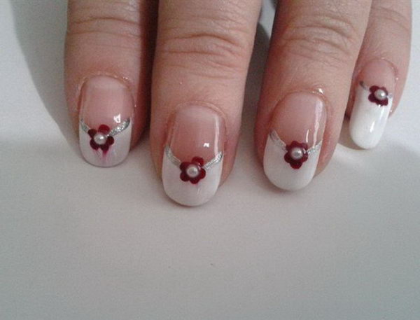 White, Red and Silver Wedding Nail With Pearls. 
