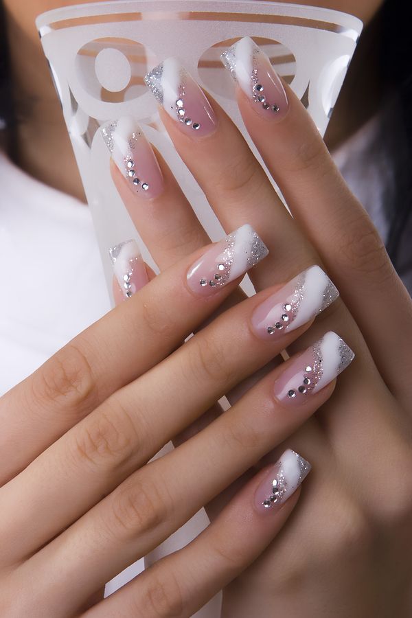 Silver and White Nail with Crystals. 