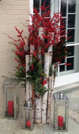 Birch Branches and Winterberry for an Outdoor Winter Holiday Display. 