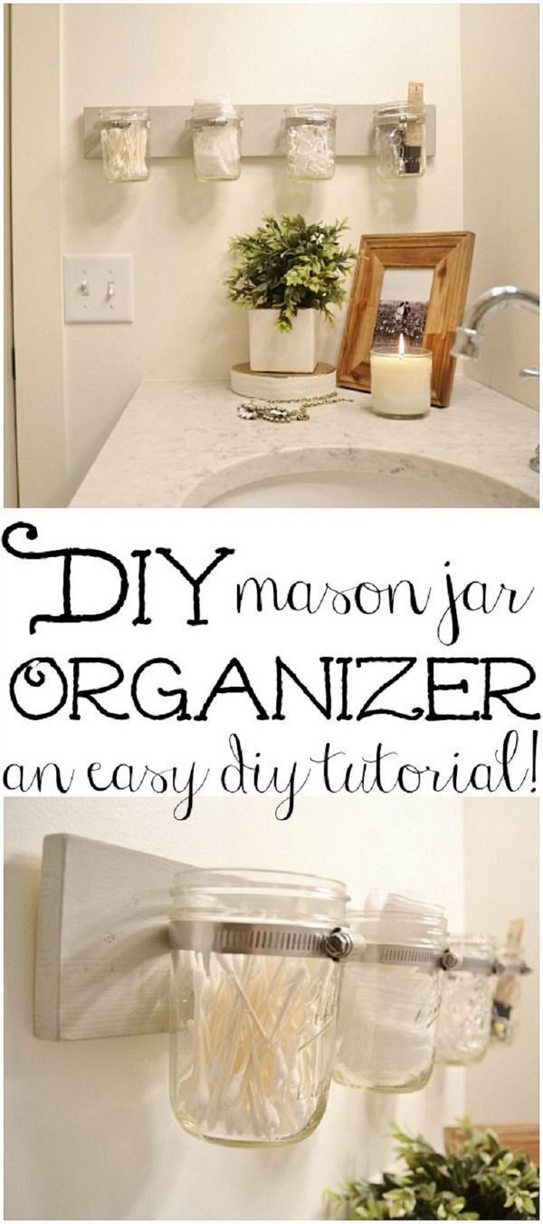 These DIY mason jar holders make great storage for small stuff in the bathroom. 