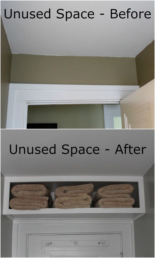 To maximize space in the bathroom add a shelf over the door to store extras like toilet paper and extra towels. 
