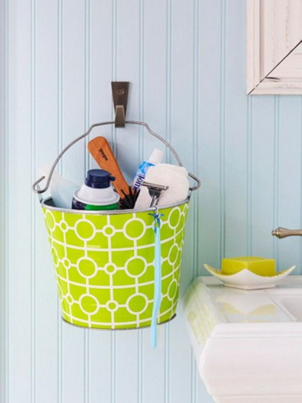 Colorful metal buckets hanging on the wall would be cute in a kids' bathroom. 