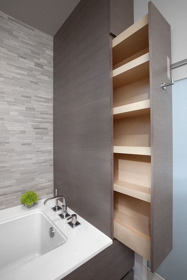 These crawl spaces and nooks in a bathroom can be creatively turned into organized storage. 