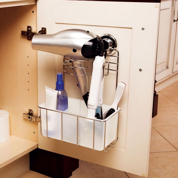 Easy to install hair dryer center for under the bathroom sink. 