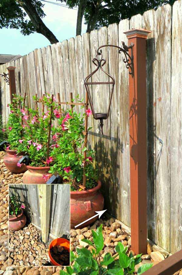 Build a wooden post topped with a solar powered post cap, and then hanging up a large lantern to decorate it. 
