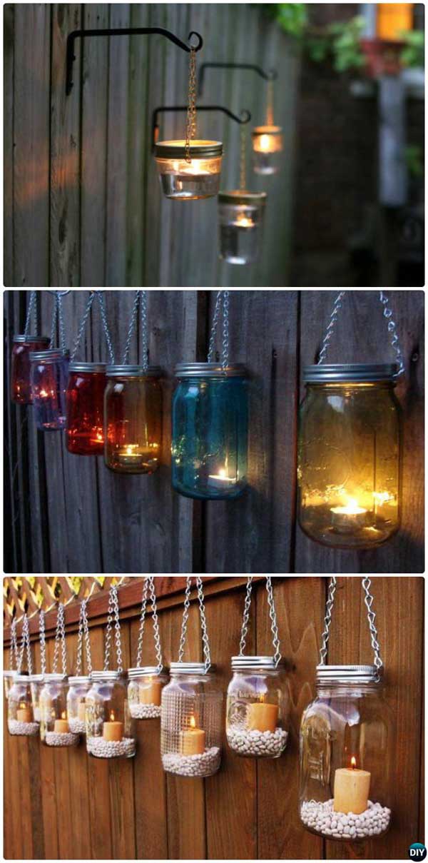 Decorate your garden fence with these DIY hanging mason jar lights. 