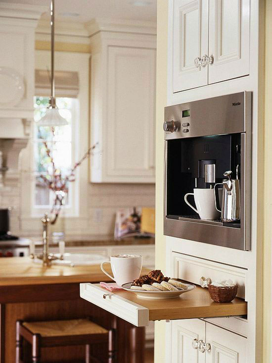 No Dedicated Space Available? Try this clever design with built in espresso machine and a pull out shelf. 