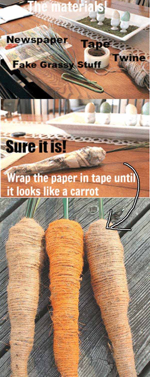 Carrots made with packing tape and orange twine. 