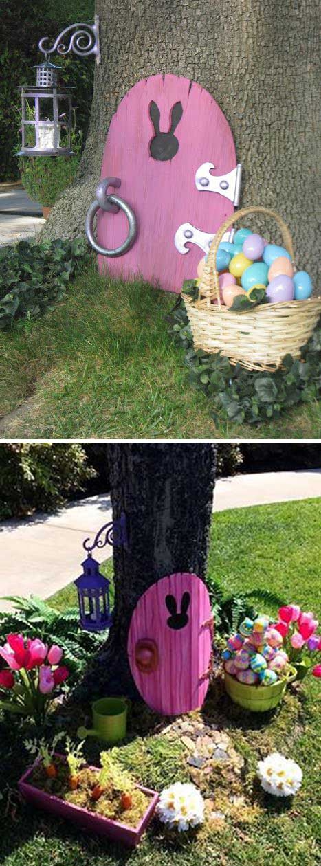Decorate the garden tree with bunny door. 