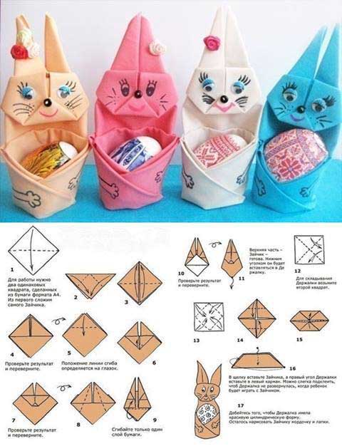 Put your Easter eggs gently in the arms of your DIY cute bunny made out of folded napkin. 
