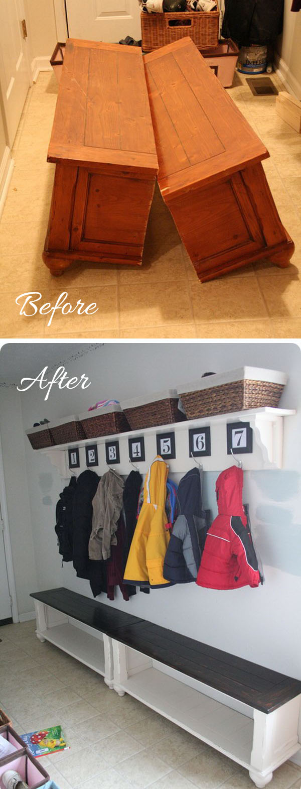 Mudroom Entryway Makeover with an Old Coffee Table Turned Bench. 