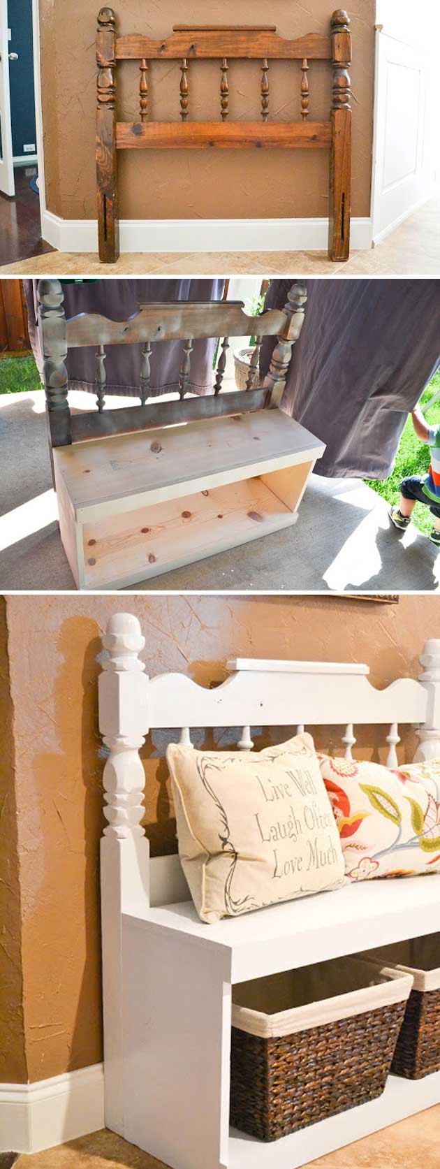 Entryway bench made from an old headboard and some boards. 