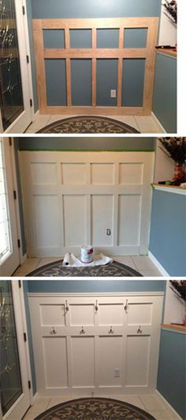 Create a board and batten foyer wall with attach hooks and decorative molding. 