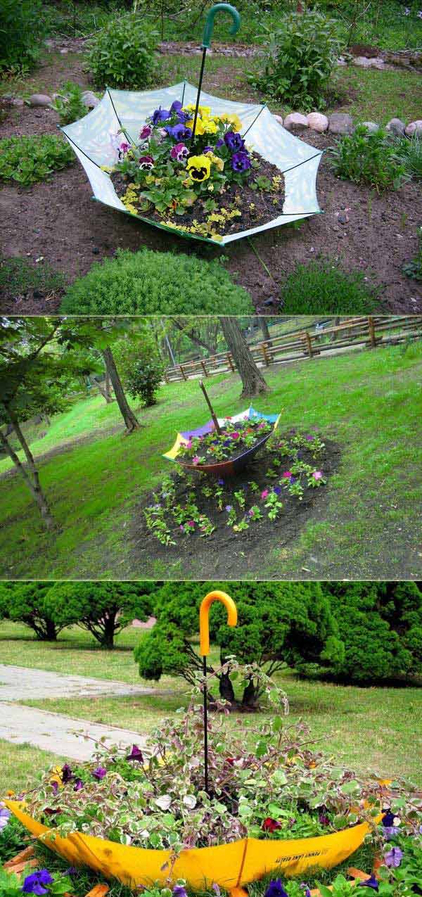 Take the umbrella, turn it upside down and stick it into the ground to transform it to a flower bed. 