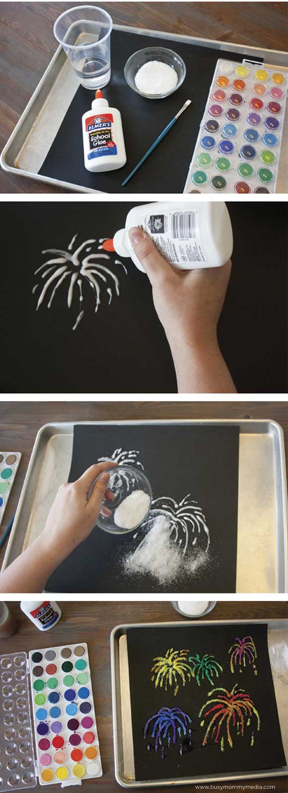 Draw fireworks with white Elmer's glue on a black paper, then add salt on them so that it sticks and color it. 