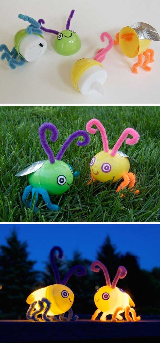 Pop a tealight into plastic Easter eggs and then decorate them with pipe cleaner legs, googly eyes and duct tape wings to make these magic fireflies. 