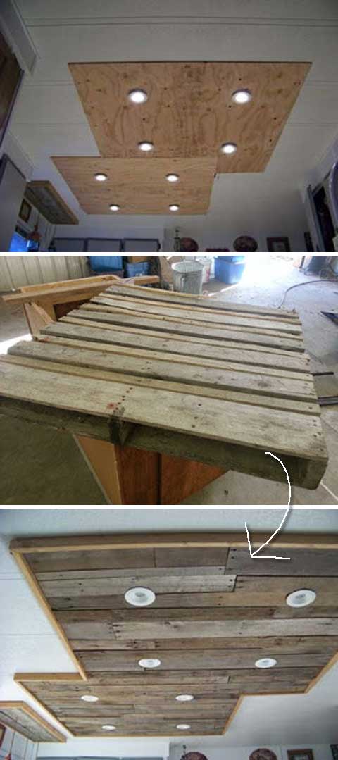 Lighting in a kitchen using wooden pallet boards. 