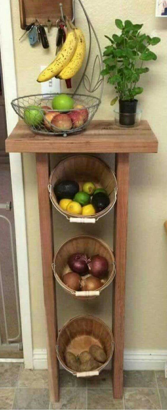 Build a produce storage stand with reclaimed wood and some woven baskets. 